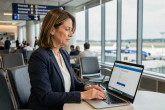Femme professionnelle accédant au portail sécurisé Securitas depuis un ordinateur portable dans un aéroport en déplacement
