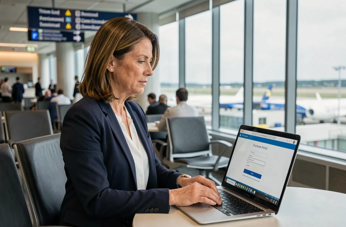 Femme professionnelle accédant au portail sécurisé Securitas depuis un ordinateur portable dans un aéroport en déplacement