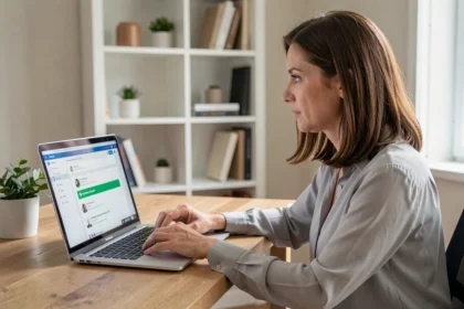 Femme activant son espace MyArkevia depuis un e-mail d'invitation sur un ordinateur portable au bureau