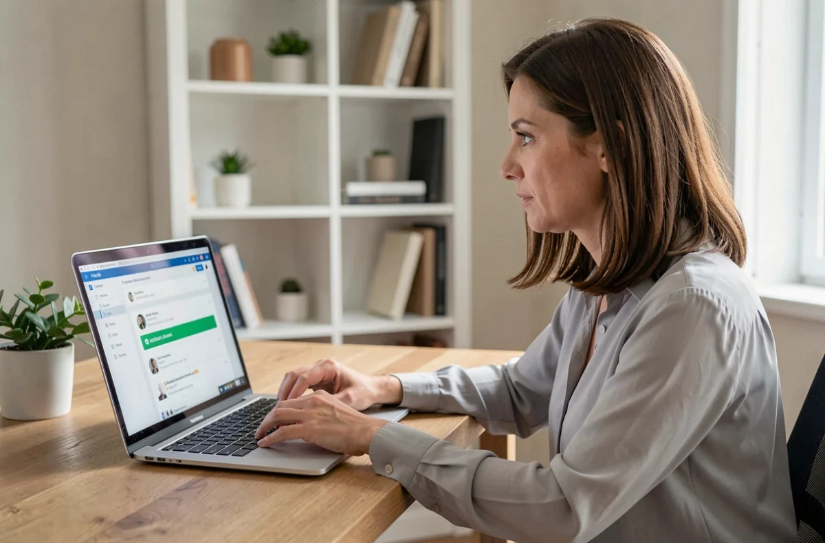 Femme activant son espace MyArkevia depuis un e-mail d'invitation sur un ordinateur portable au bureau
