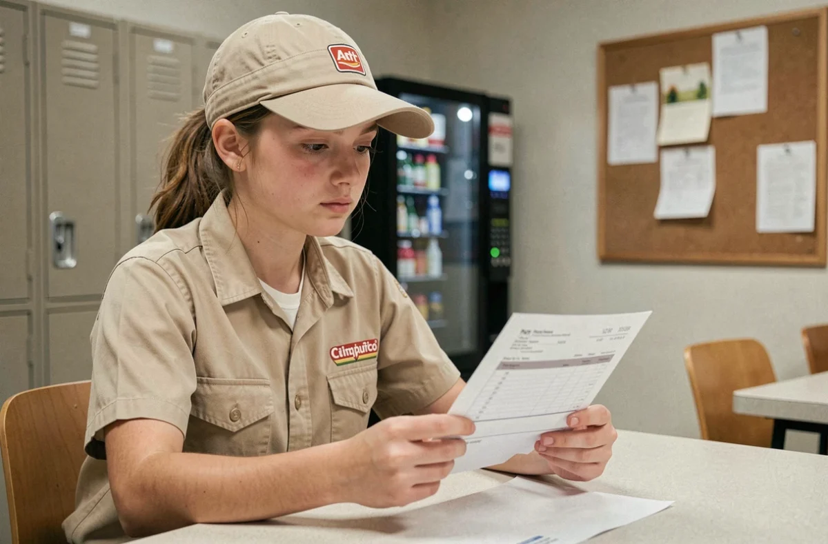 Adolescente de 16 ans en uniforme de restauration rapide consultant sa fiche de salaire en salle de pause