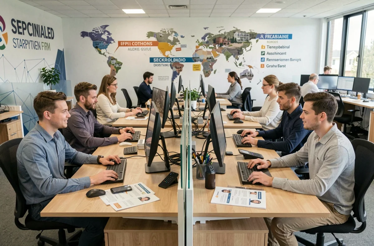 Équipe Adsearch travaillant simultanément dans un open space de recrutement spécialisé multi-bureaux