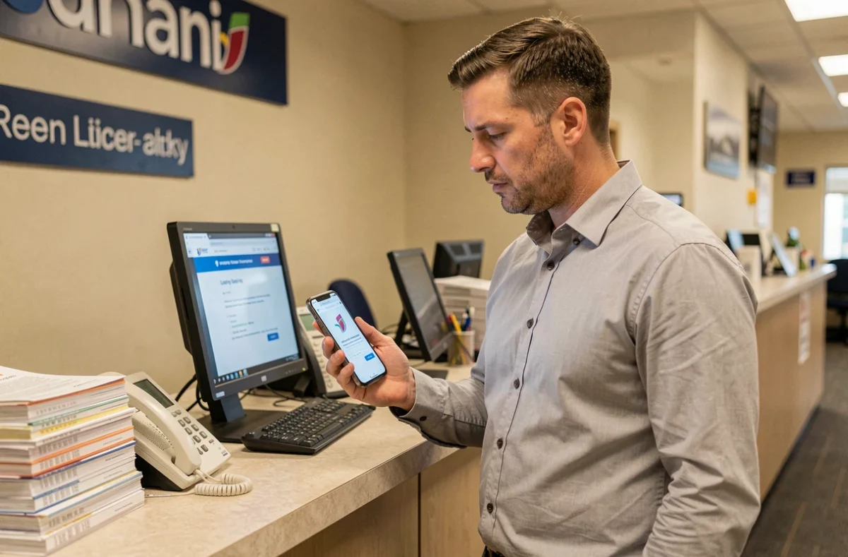 Agent Air France consultant un smartphone avec une page Intraligne bloquée au niveau du comptoir de support interne