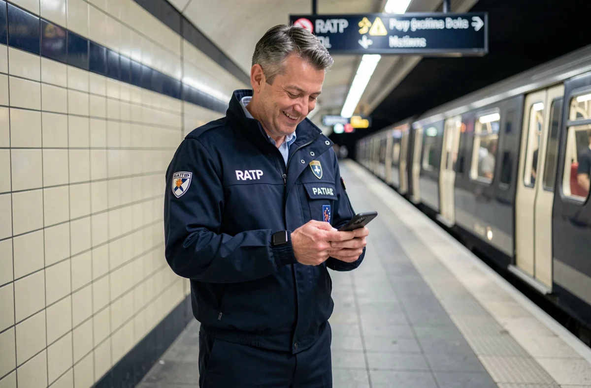 Agent RATP consultant les avantages du CSE2 sur son smartphone dans une station de métro parisienne