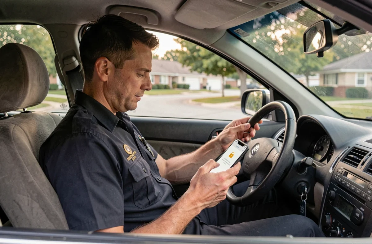 Agent de sécurité Securitas consultant MonPortailSecuritas sur smartphone depuis son véhicule lors d'une mission