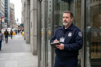 Agent de securite urbain en uniforme devant un immeuble moderne
