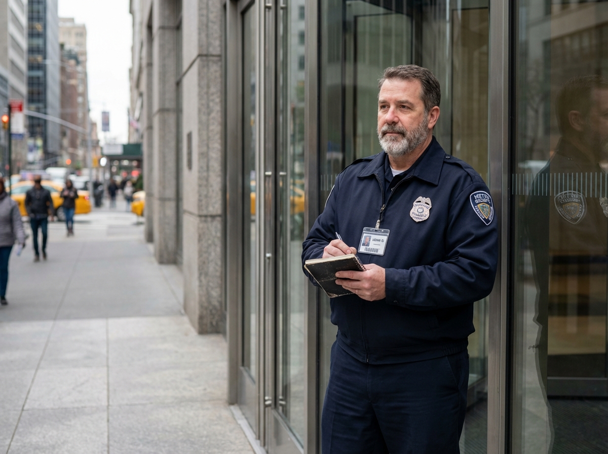 Agent de securite urbain en uniforme devant un immeuble moderne