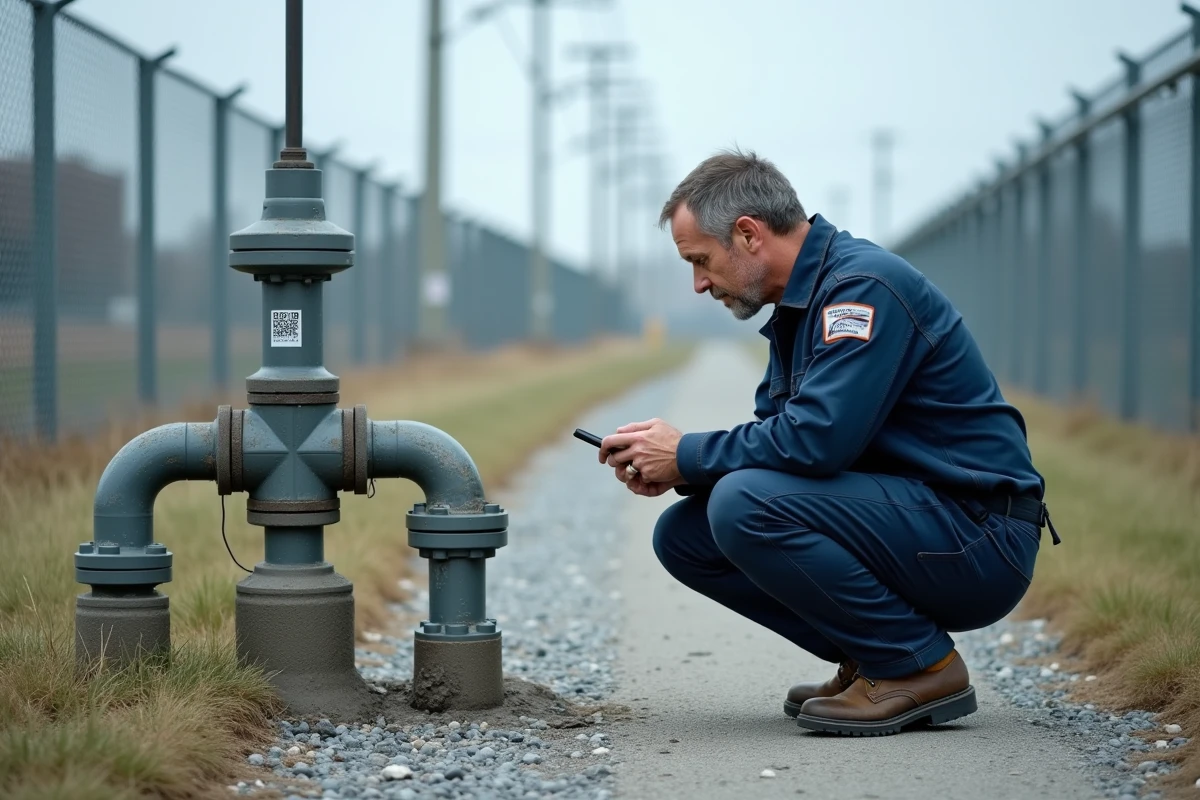 Agent de terrain scannant un point d'acc&egrave;s &agrave; l'infrastructure hydrique avec smartphone pour le suivi mobile WATERP