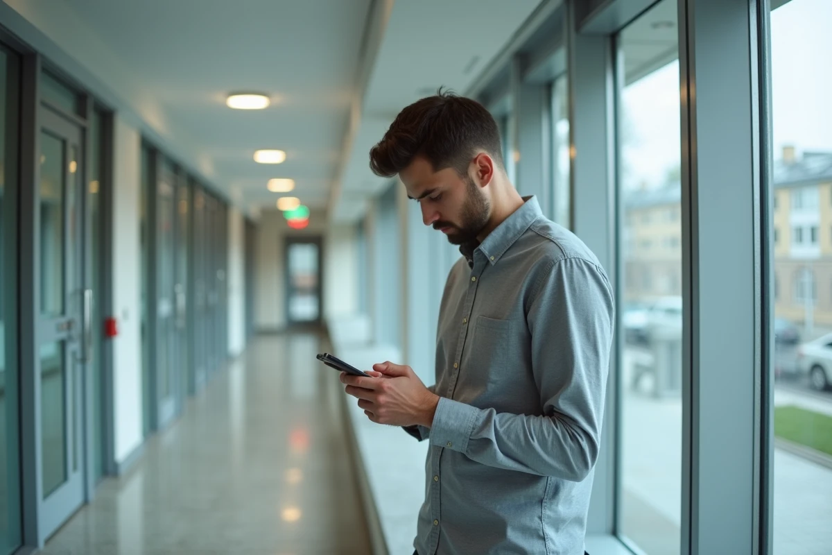 Agent territorial consultant les actualités de l'intranet régional sur son smartphone dans un couloir administratif