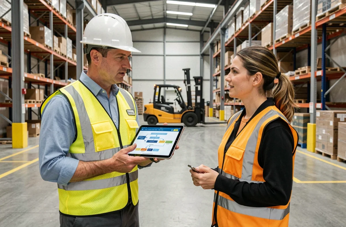 Consultant Amalo Recrutement avec une responsable industrielle dans un entrepôt logistique spécialisé supply chain