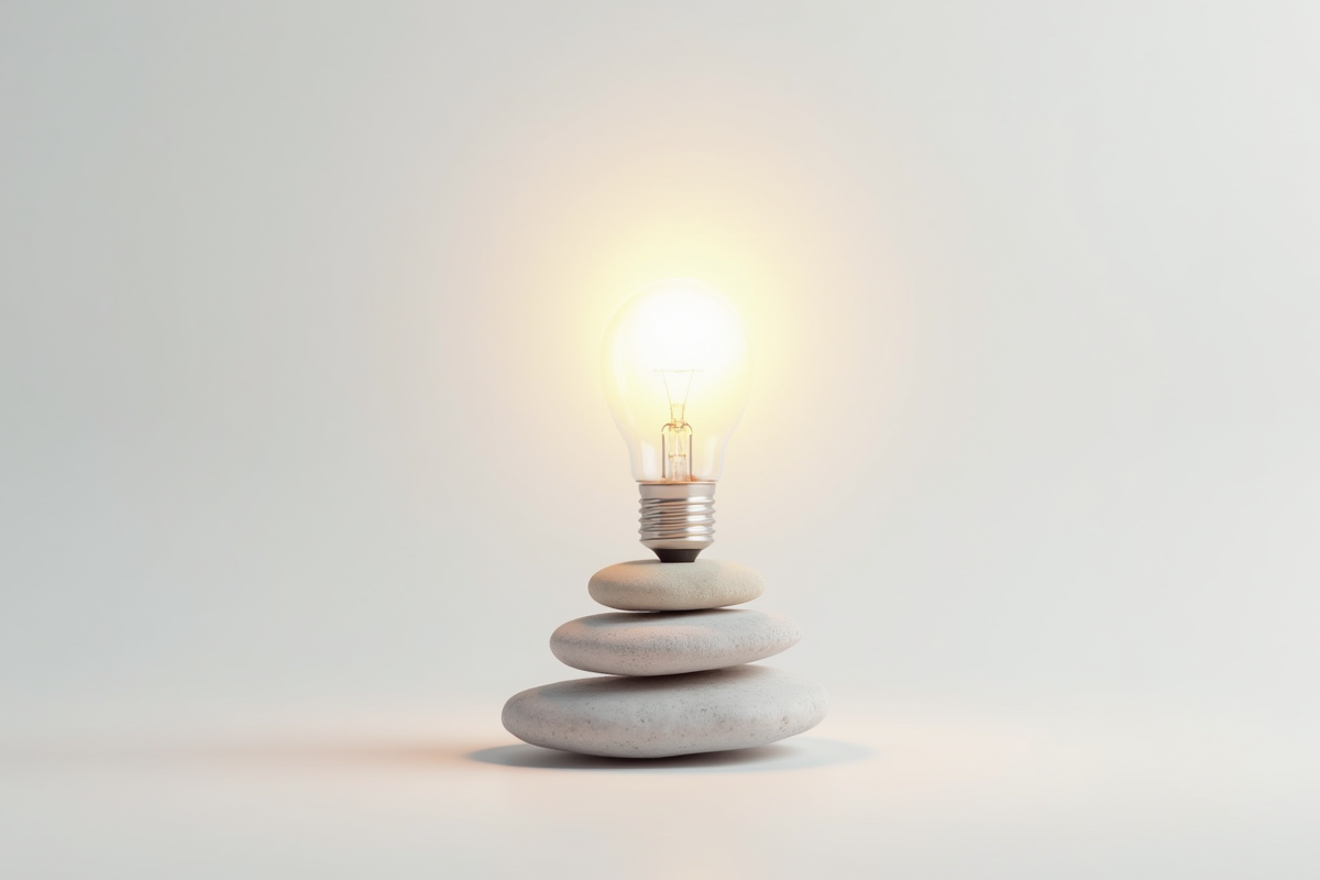Ampoule lumineuse au-dessus de galets symbolisant l