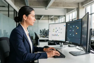 Analyste business intelligence comparant deux solutions de connecteurs de données sur double écran en open space moderne