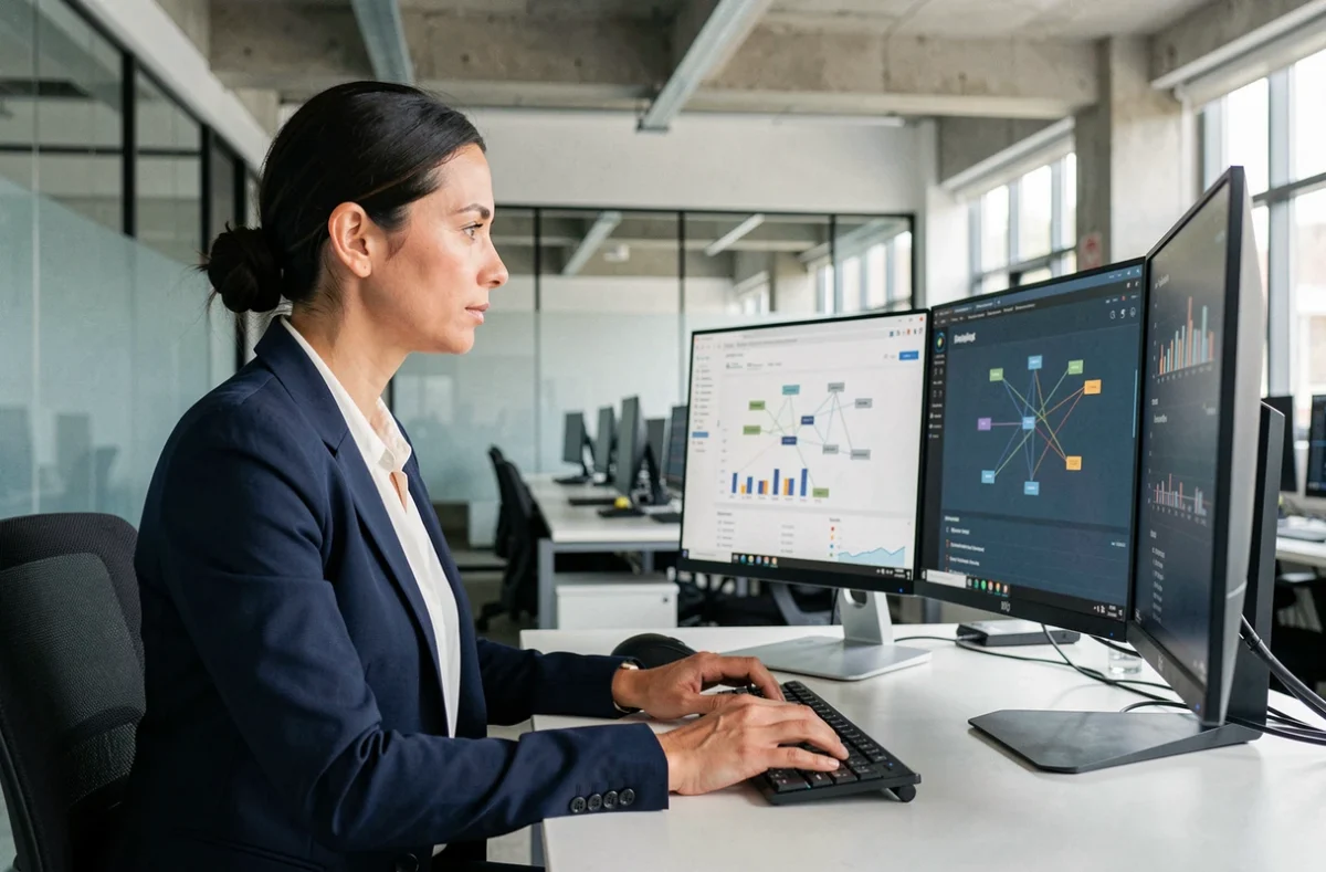Analyste business intelligence comparant deux solutions de connecteurs de données sur double écran en open space moderne