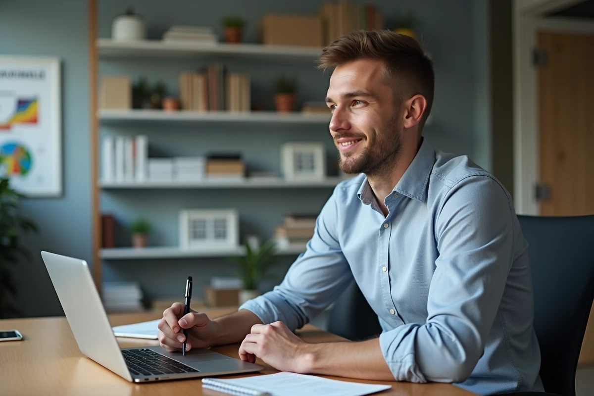 Jeune analyste travaillant sur un calculateur breakeven en bureau