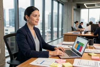 Analyste marketing étudiant des données clients pour définir le profil de client idéal (ICP) dans un bureau moderne