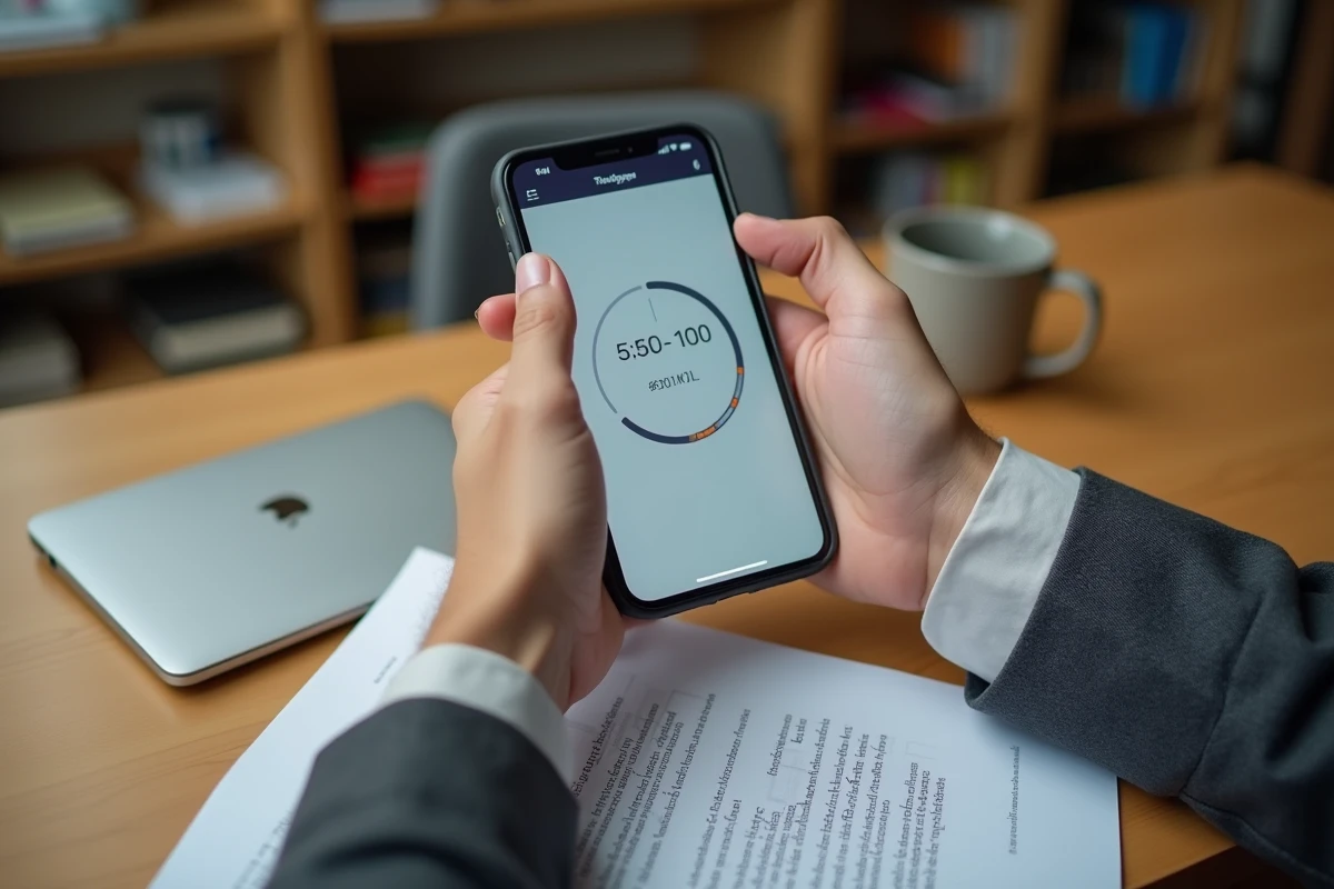 Mains tenant un smartphone avec application de suivi du temps et contrat de travail sur un bureau, illustrant le calcul des heures nettes et brutes