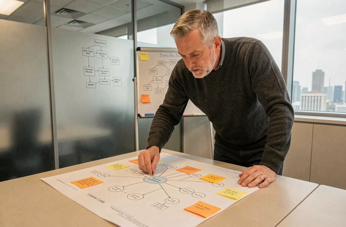 Architecte SI analysant un schéma d'architecture de connecteurs de données dans une salle de réunion d'entreprise