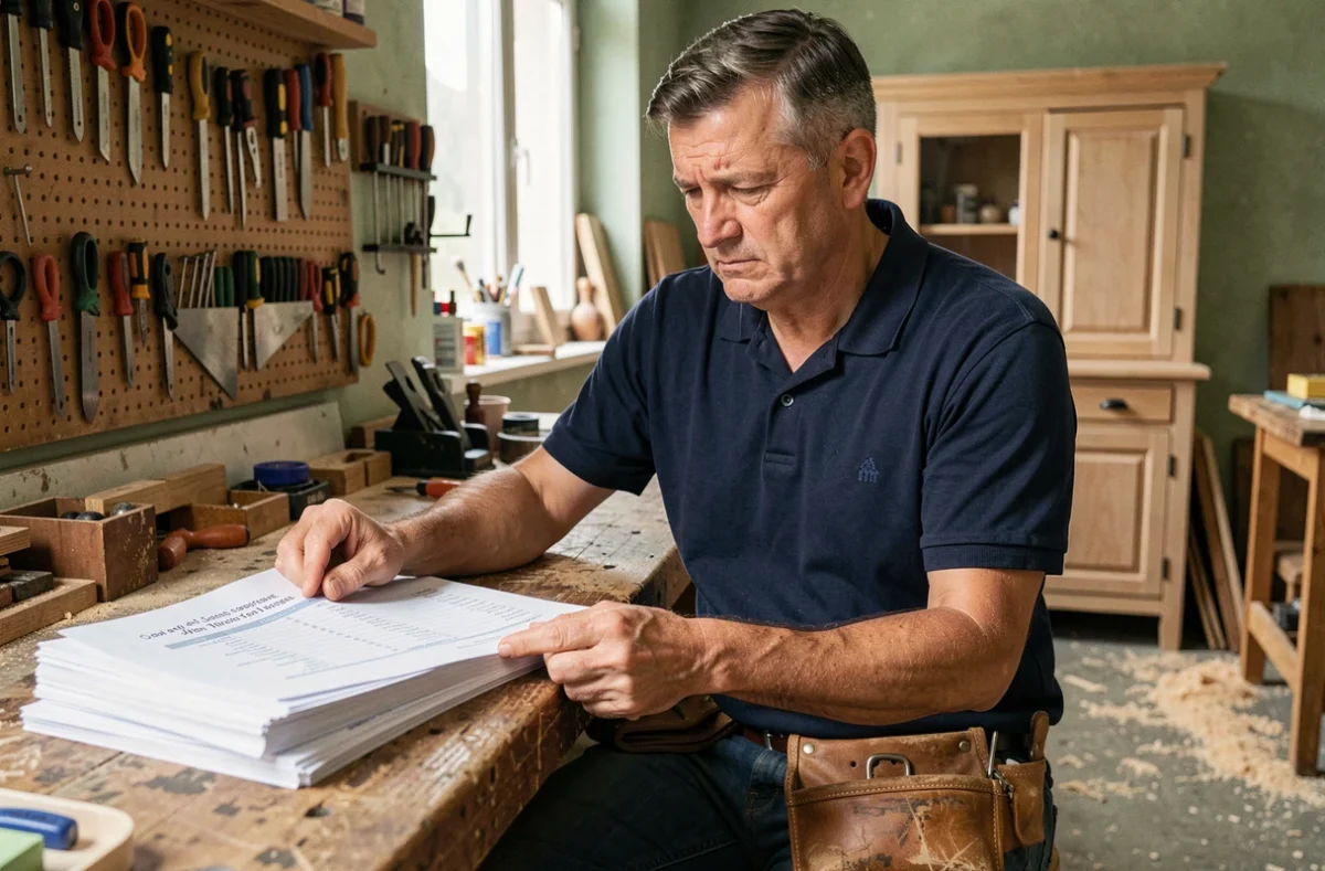 Artisan menuisier concentré sur ses devis et documents administratifs dans son atelier de travail