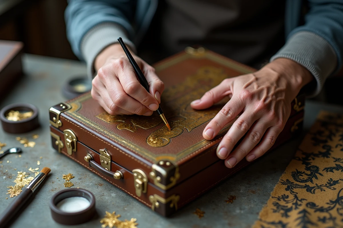 Mains d'artisan appliquant une feuille d'or sur une malle de luxe LVMH dans un atelier traditionnel