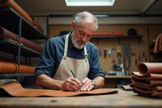 Artisan maroquinier LVMH cousant à la main un sac en cuir dans un atelier parisien traditionnel
