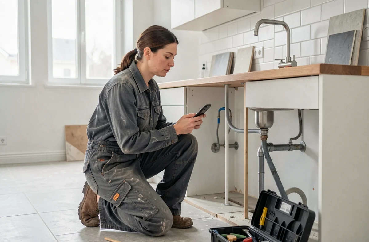 Artisane plombière consultant son smartphone pour de nouveaux chantiers lors d'une installation cuisine
