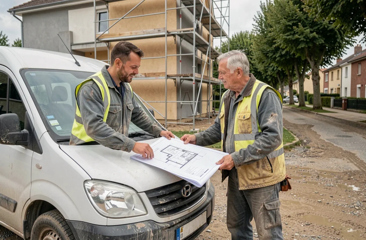 Deux artisans du bâtiment discutant d'un plan de chantier devant une maison en construction en banlieue