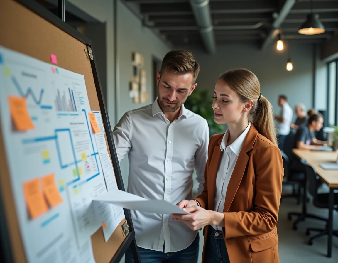 Deux associés collaborant sur une feuille de route entrepreneuriale dans un espace de coworking, symbolisant les conseils business pour lancer un premier projet