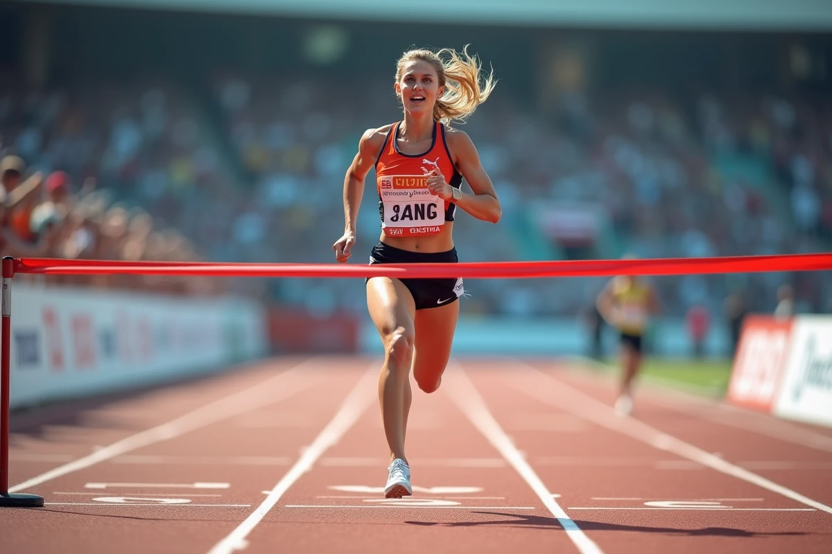 Athlète féminine franchissant la ligne d'arrivée sur une piste d'athlétisme avec des banderoles de sponsors visibles, illustrant le concept de sponsoring sportif