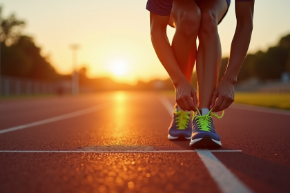 Athlète nouant ses lacets sur la piste au lever du soleil