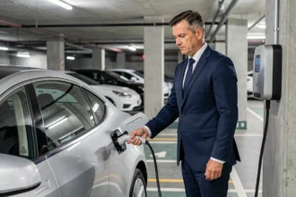 Salarié en costume branchant un câble de recharge sur une voiture de société électrique dans un parking souterrain d'entreprise