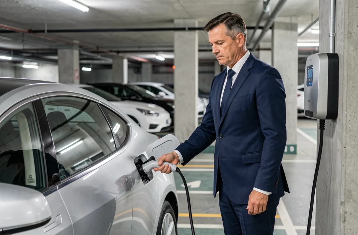 Salarié en costume branchant un câble de recharge sur une voiture de société électrique dans un parking souterrain d'entreprise