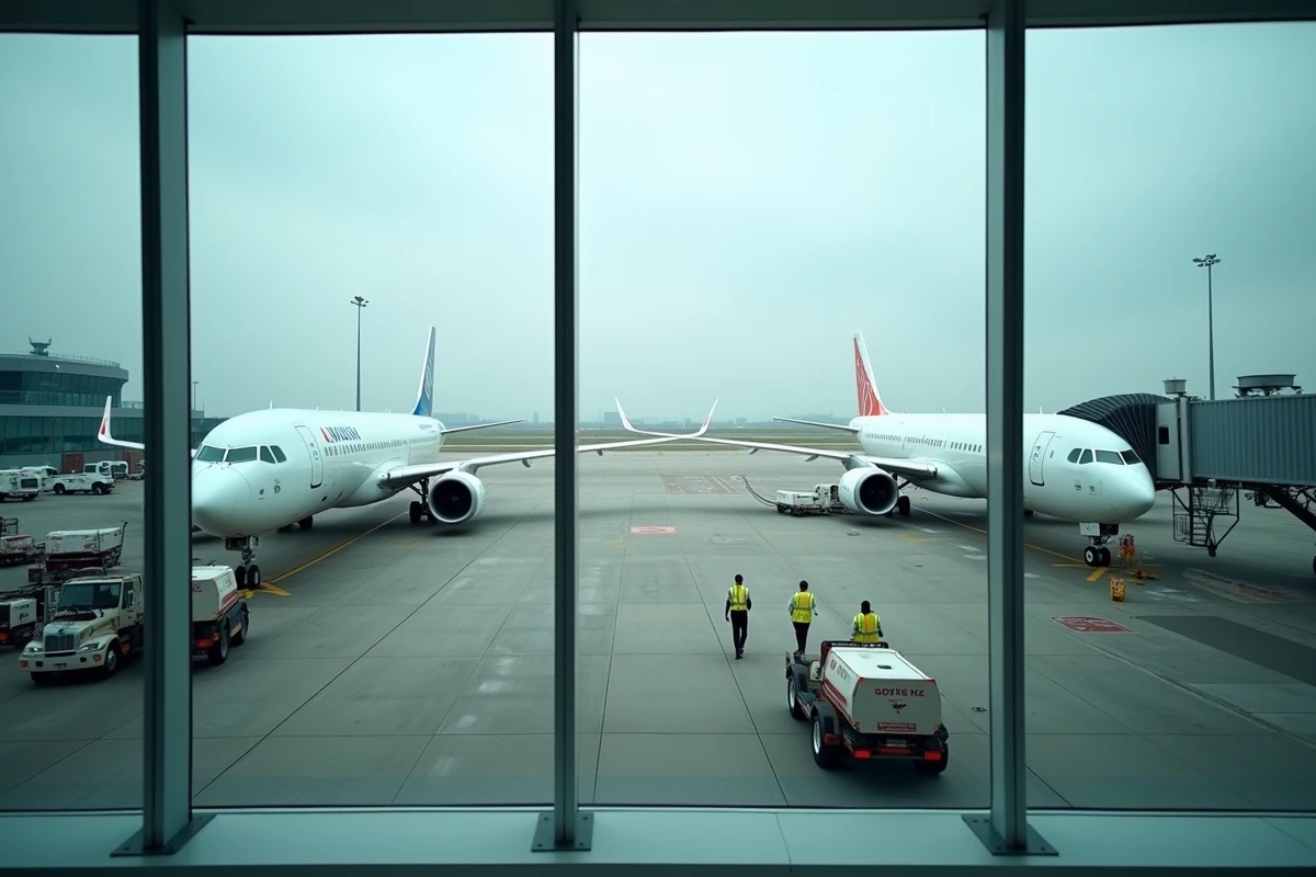 Deux avions commerciaux stationnés aux portes d'embarquement d'un grand aéroport international, comparaison visuelle Boeing et Airbus