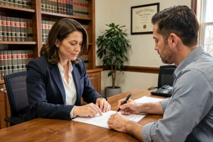 Avocate et client examinant un contrat de travail dans un cabinet juridique professionnel