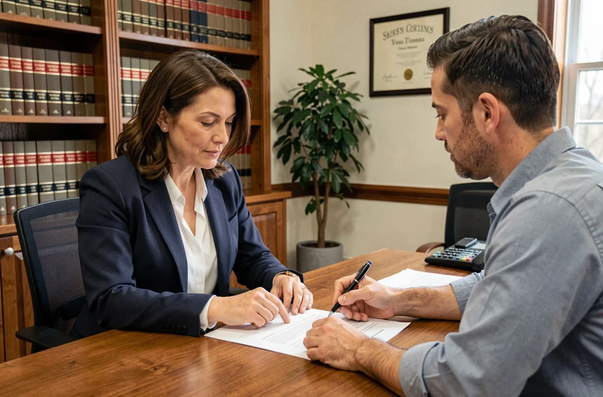 Avocate et client examinant un contrat de travail dans un cabinet juridique professionnel