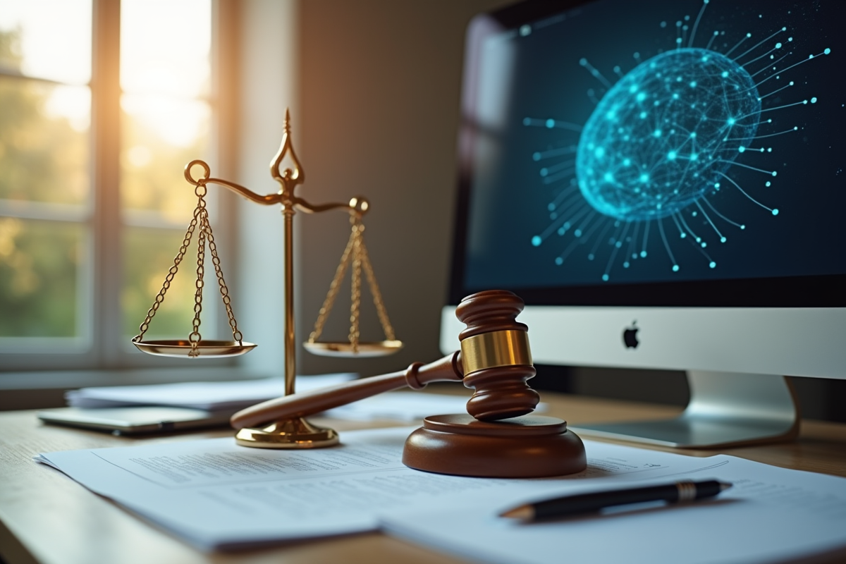 Balance de justice sur un bureau avec ordinateur et documents