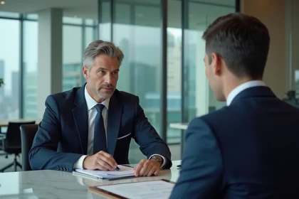 Banquier professionnel en costume marine examinant des documents financiers avec un client dans un bureau moderne aux cloisons en verre