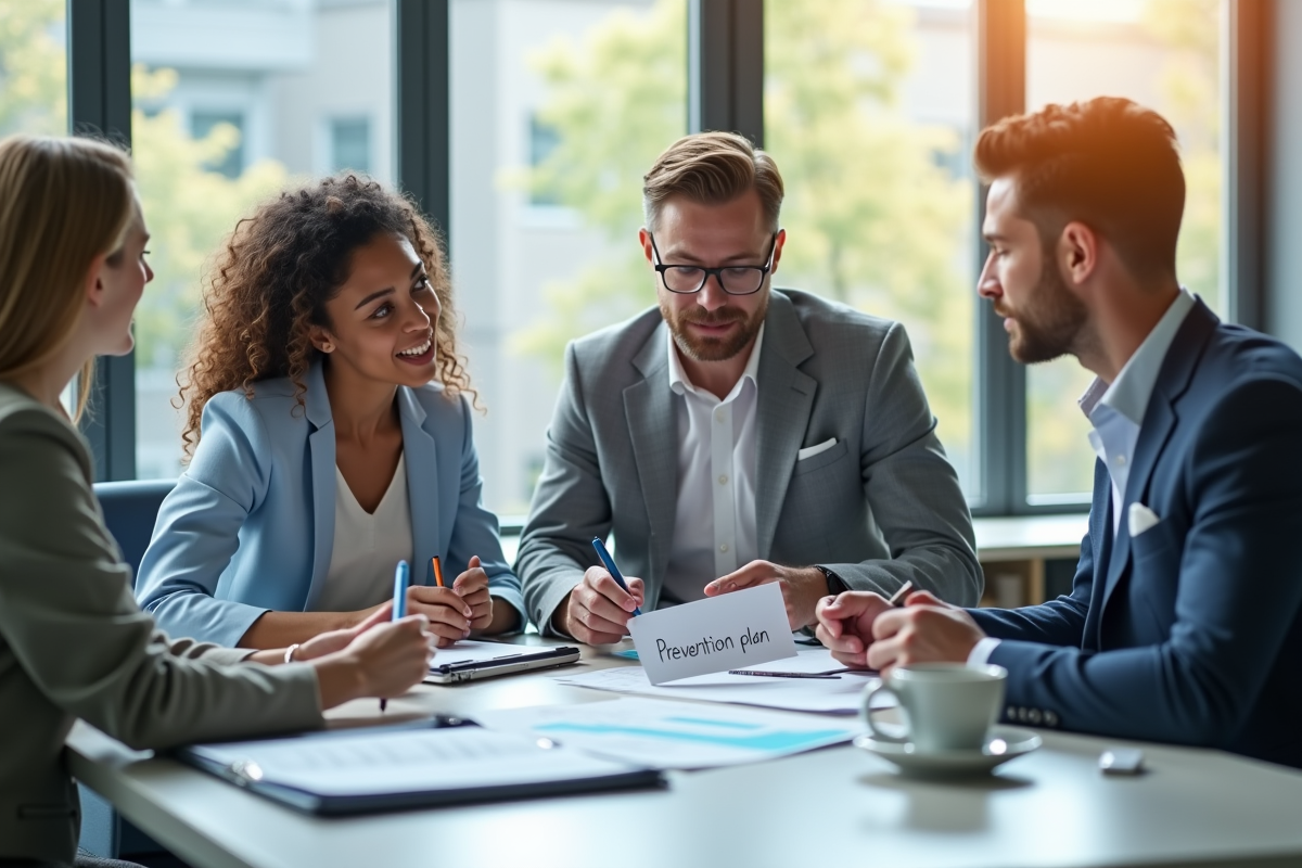 Professionnels collaborant sur un plan de prévention dans un bureau lumineux
