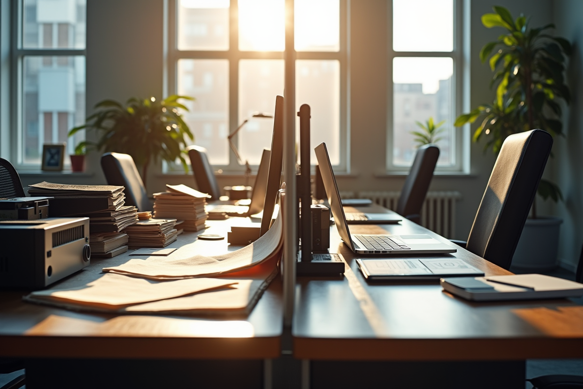 Bureau divise entre documents anciens et gadgets modernes