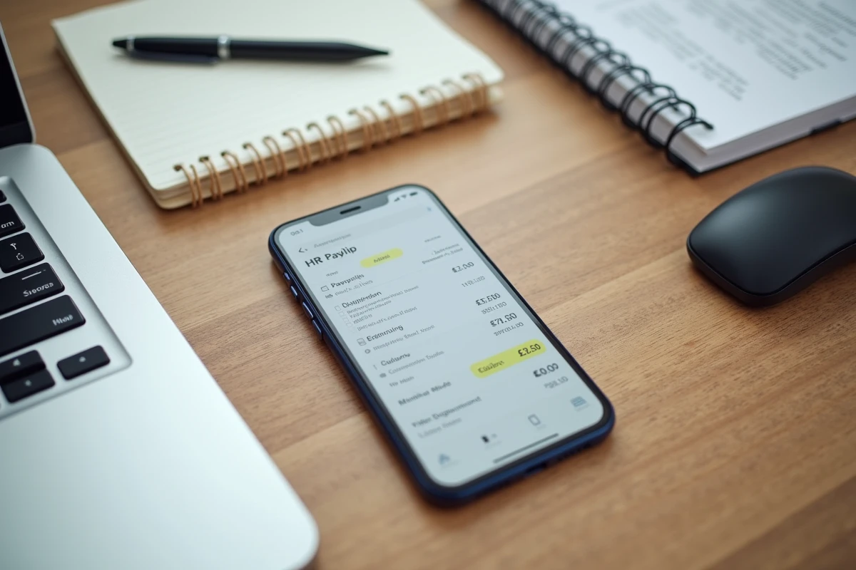 Vue de dessus d'un bureau avec smartphone affichant une application de gestion de documents RH et des fiches de paie imprimées