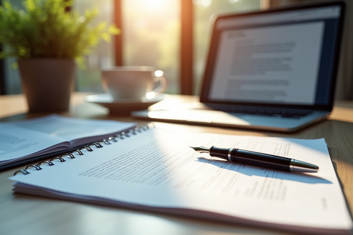 Bureau professionnel avec ordinateur et café lumineux