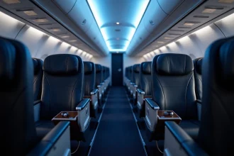 Cabine classe affaires de l'Airbus A330 avec sièges inclinables en cuir sombre et allée centrale