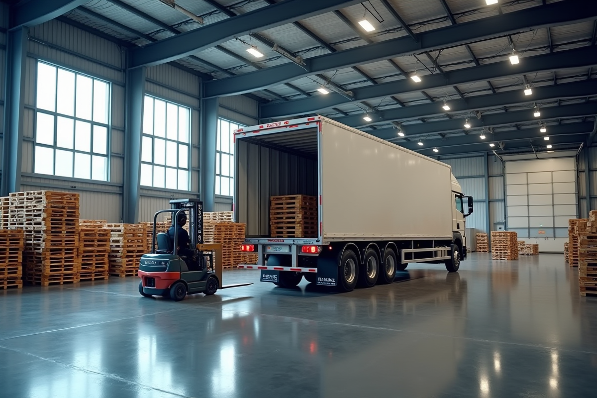 Camion de 7 5 tonnes dans un entrepôt moderne avec palettes chargées