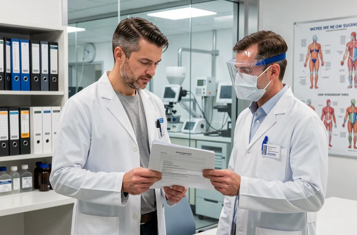 Consultant CDG Conseil en réunion avec un chercheur dans un cabinet spécialisé life sciences et santé