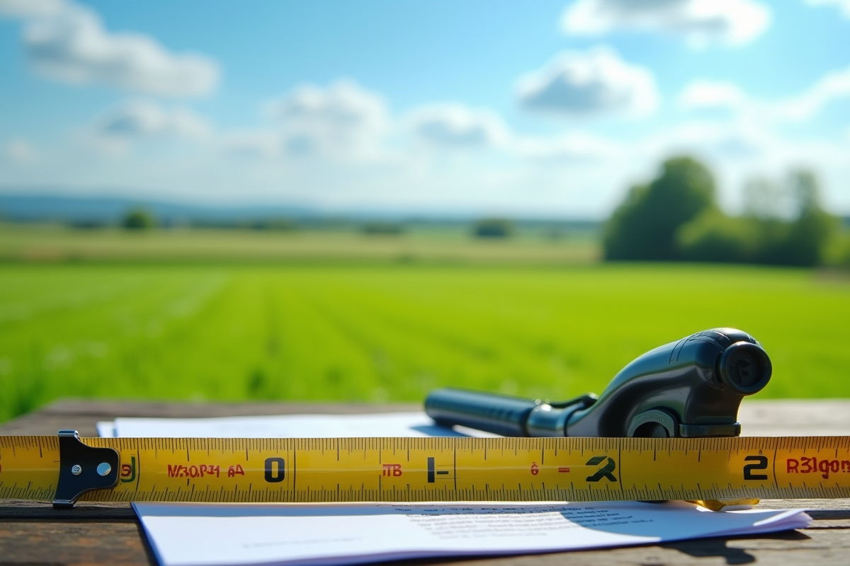 Champ agricole vert avec ruban de mesure sous un ciel bleu