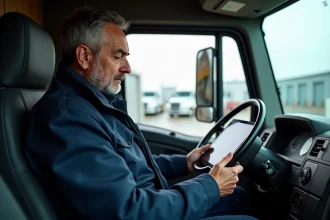 Conducteur de camion en cabine avec tablette numérique