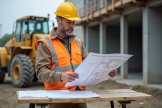 Chef de chantier BTP consultant un plan de construction sur un chantier actif pour éviter les retards de travaux