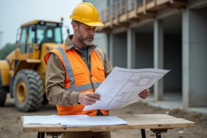 Chef de chantier BTP consultant un plan de construction sur un chantier actif pour éviter les retards de travaux