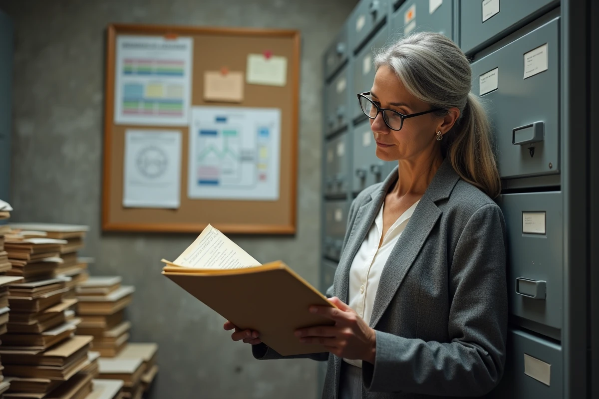 Chercheuse examinant un dossier dans une salle d