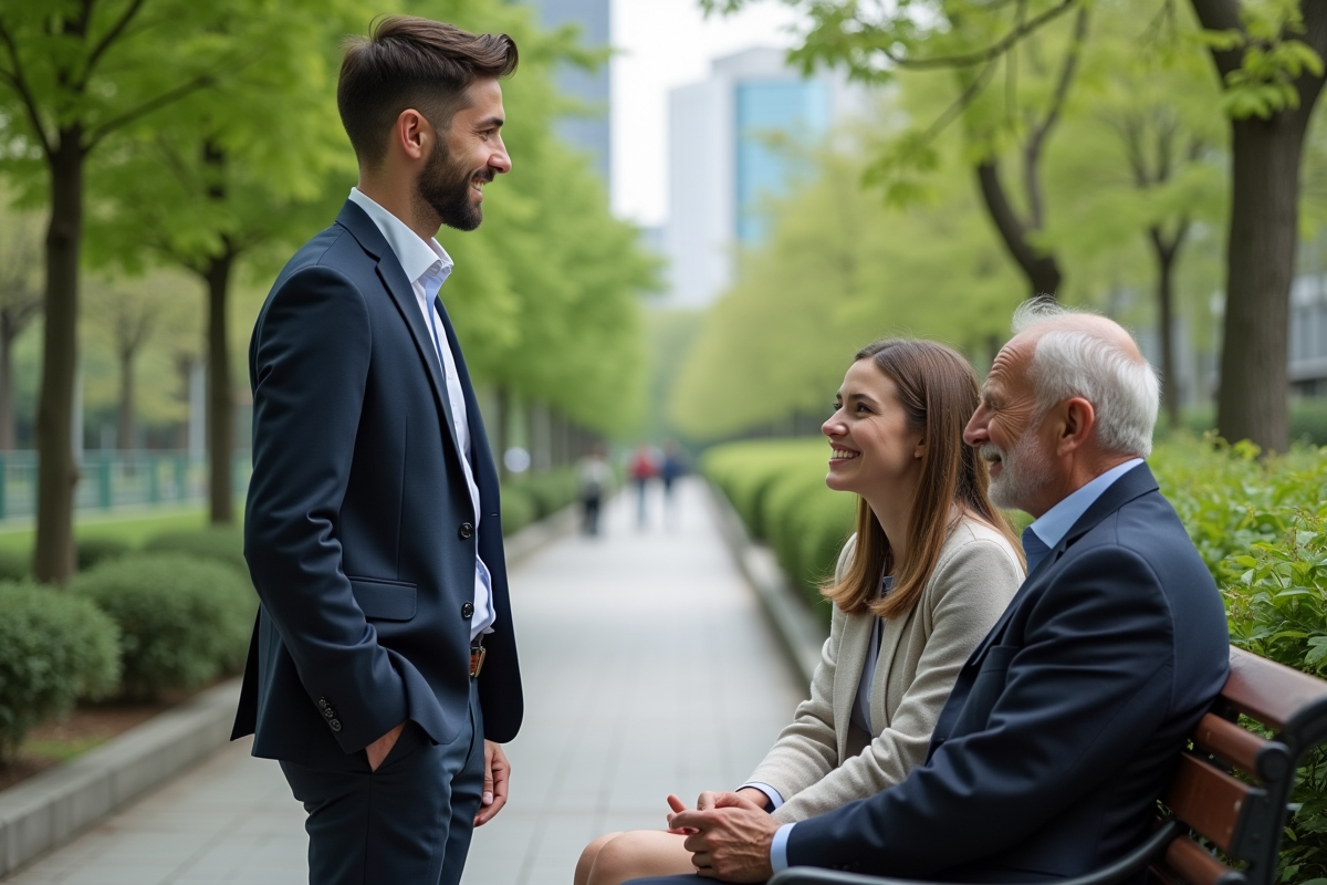 Jeune coach parlant avec deux personnes dans un parc urbain