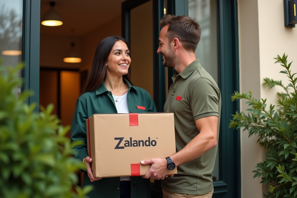 Colis Zalando livré par un livreur souriant devant un appartement